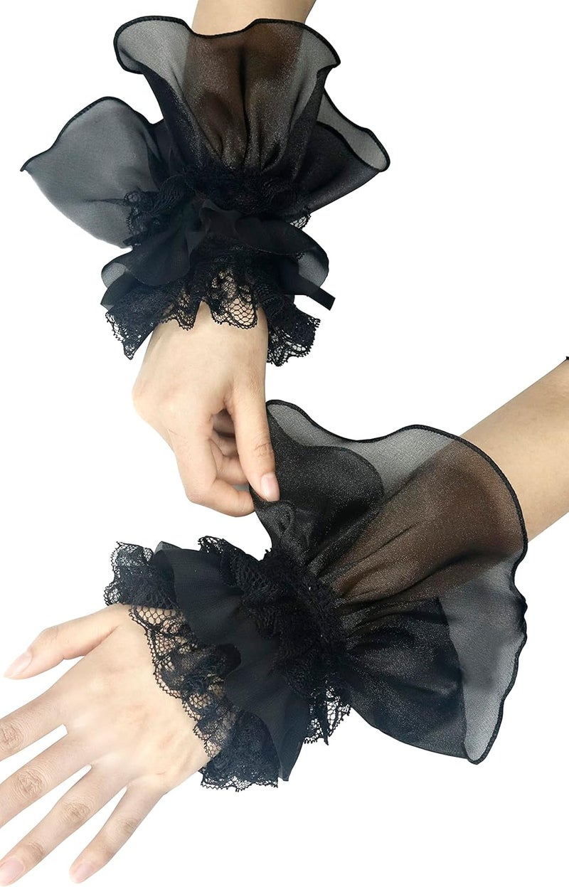 UQJE 2PCS Women's Lace Feather Long Gloves Gothic Mesh Cuff Wedding Halloween Party - Image 1
